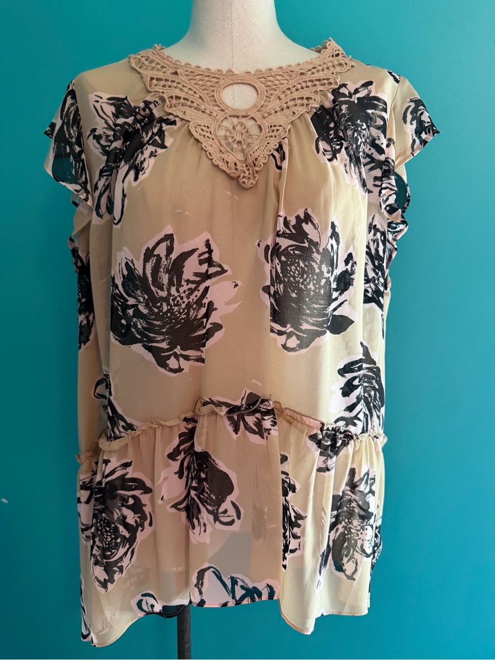 Lane Bryant Cream Floral Crochet-Neck Ruffle Sleeve Top